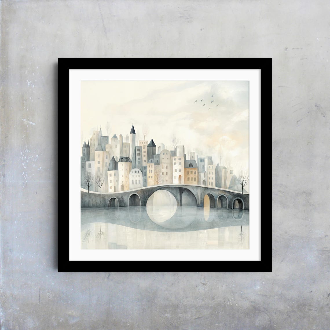 Dreamy City Skyline Arched Bridge Reflections Neutral Art Poster