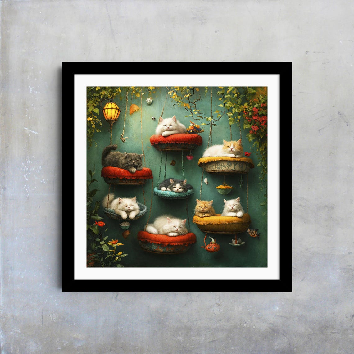 Cats Lounging Hanging Baskets Teal Wall Cute Cat Cafe Art Poster - Image 4