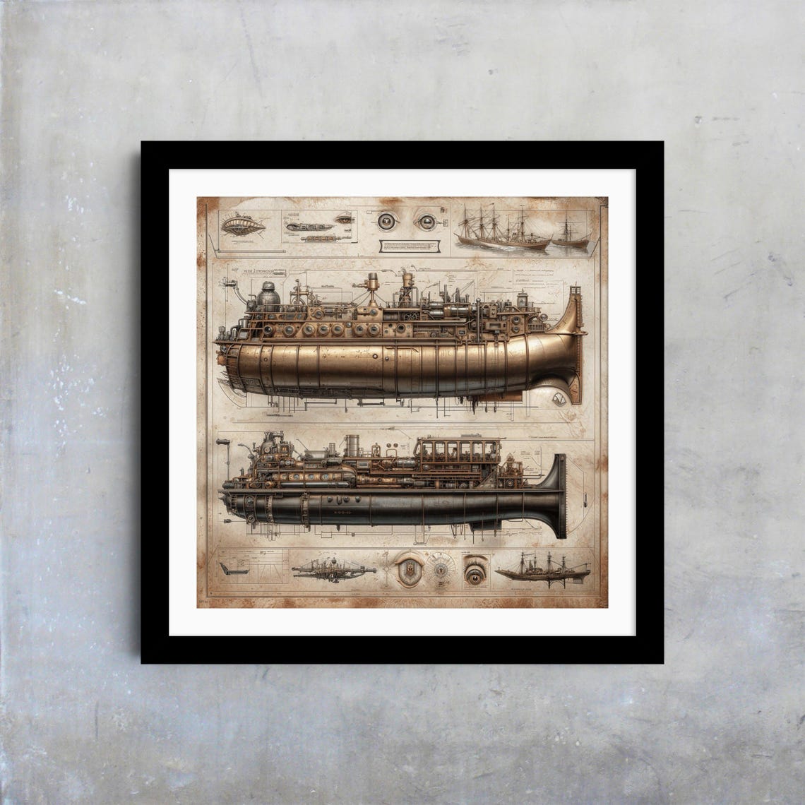 Steampunk Submarine Blueprint Vintage Nautical Engineering Art Poster - Image 4