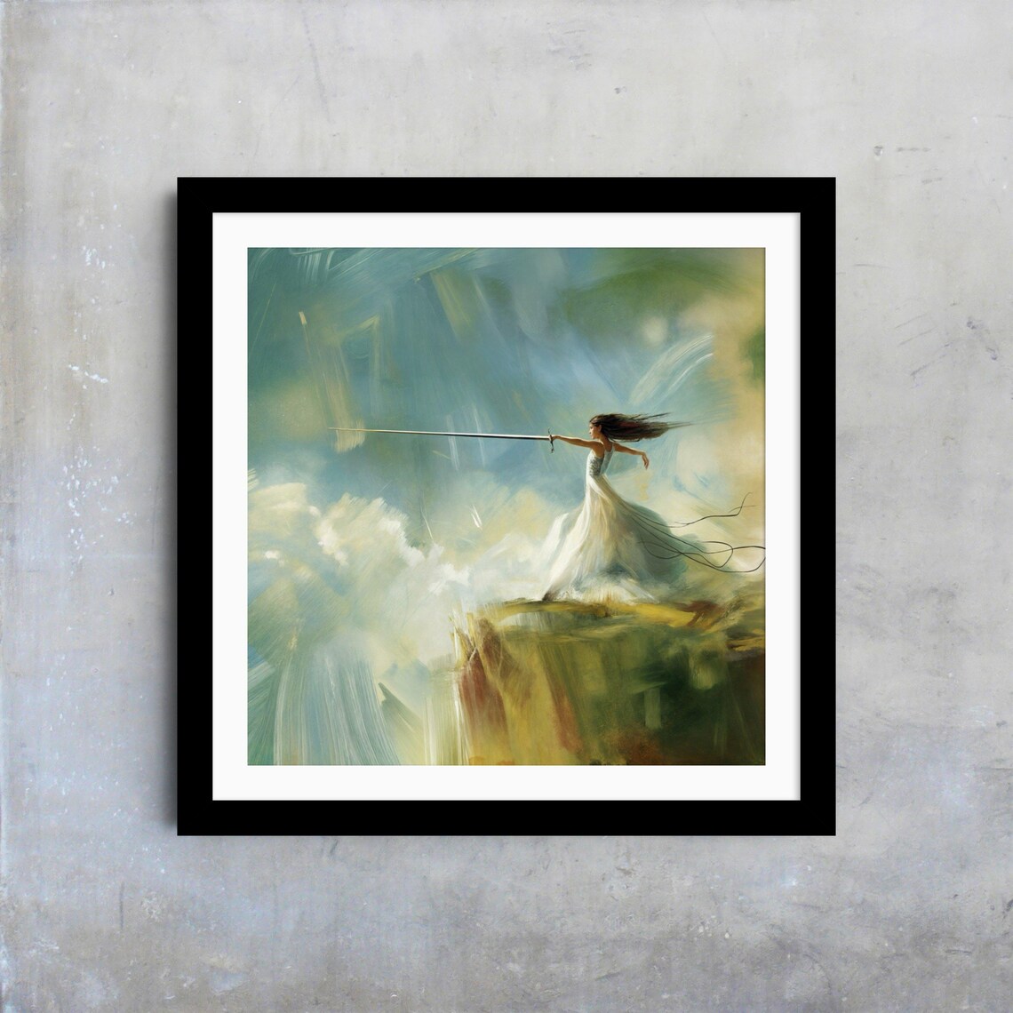 Brave Woman Sword on Cliff Edge Dramatic Clouds Inspirational Art Print - Image 4