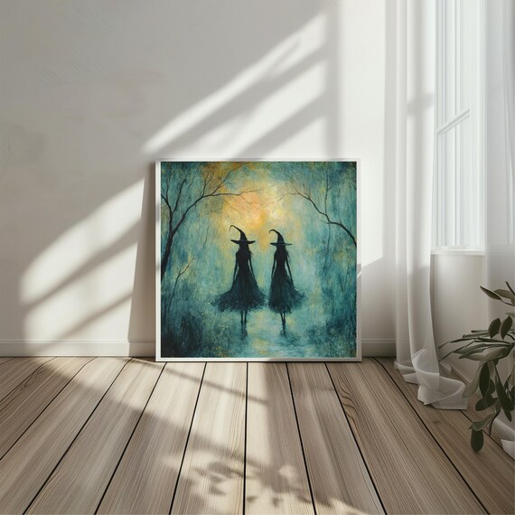 Two Witches Walking Misty Teal Forest Golden Light Art Poster