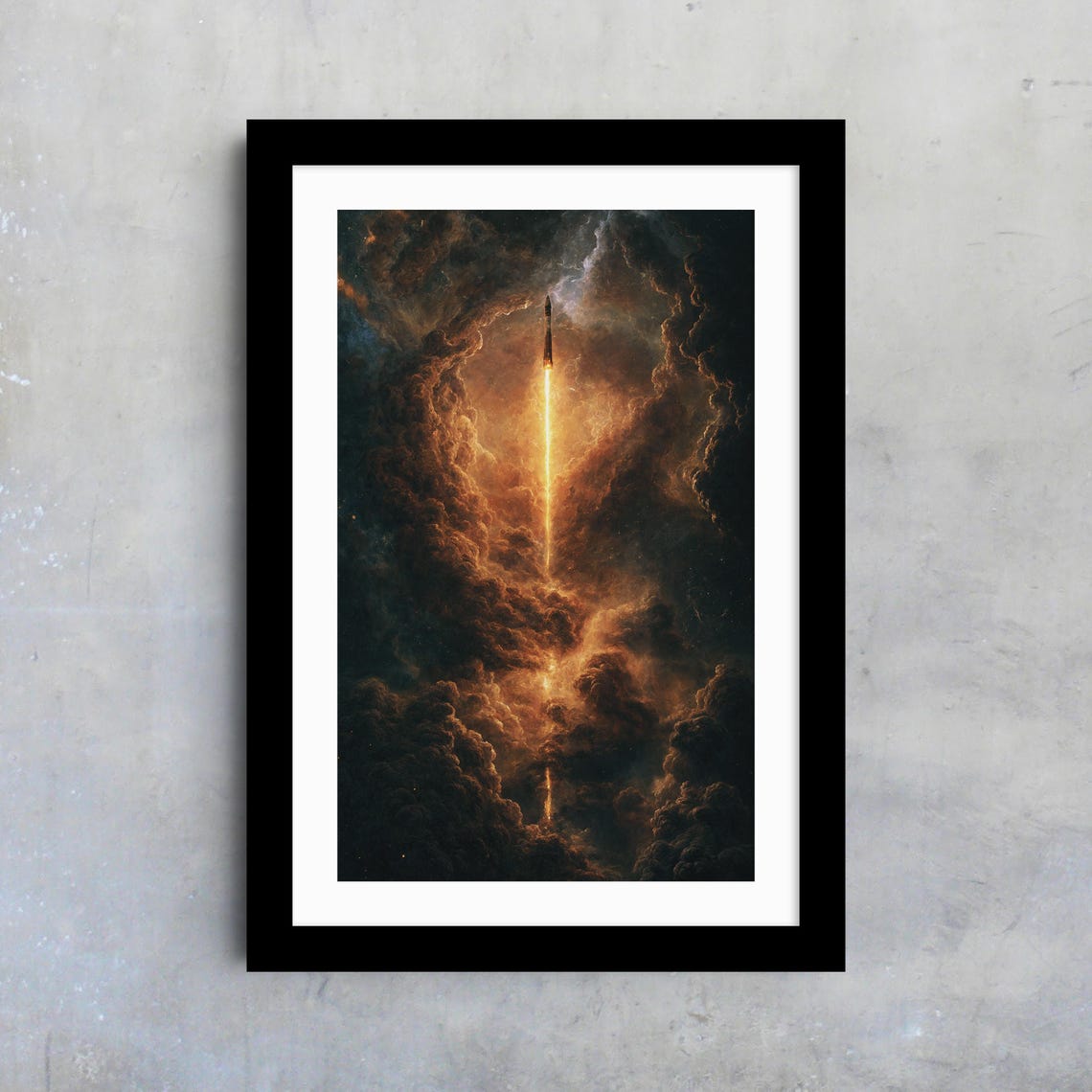 Dramatic Rocket Launch Night Clouds Glowing Trail Space Art Poster