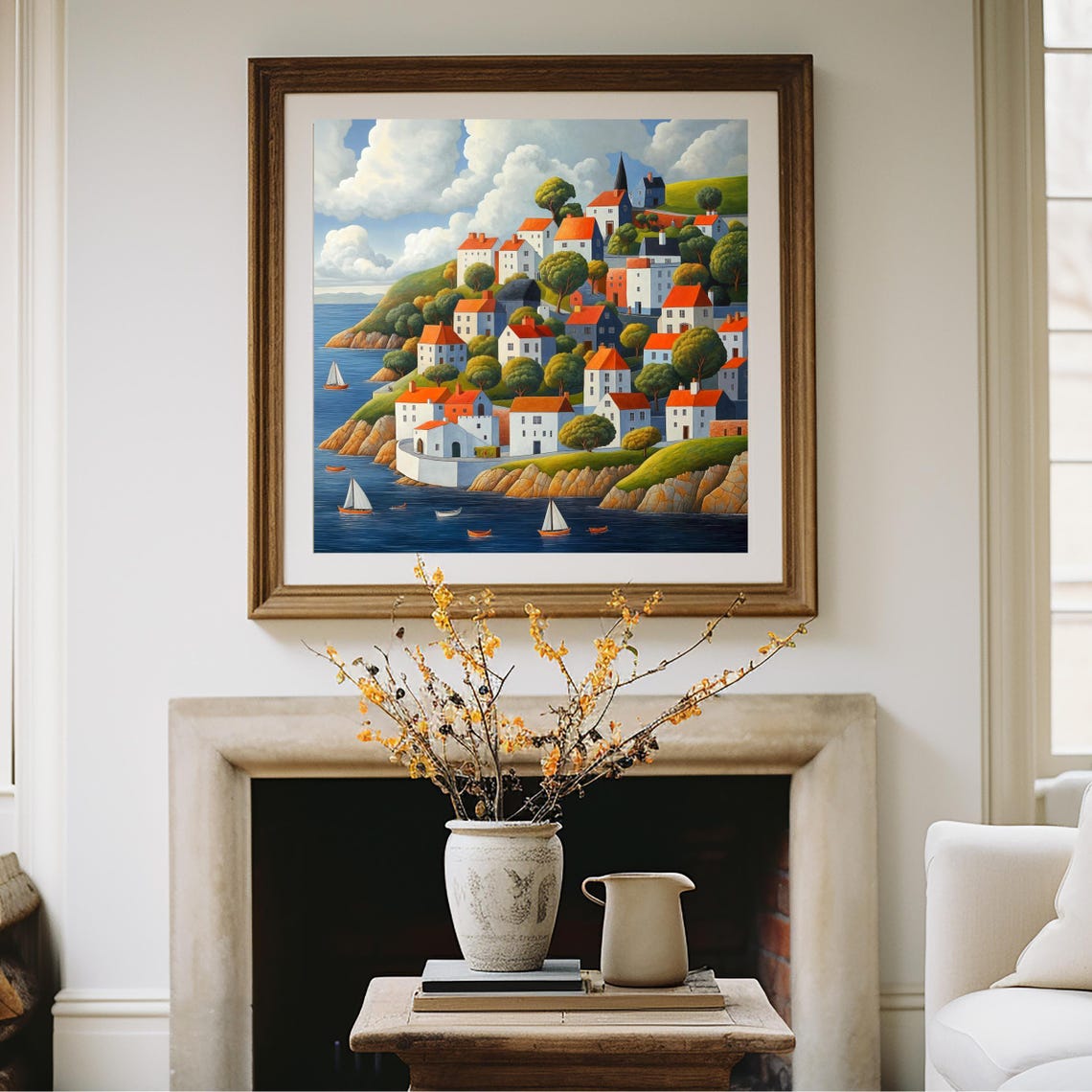 Sunny Coastal Village Headland White Cottages Sailboats Art Poster - Image 2