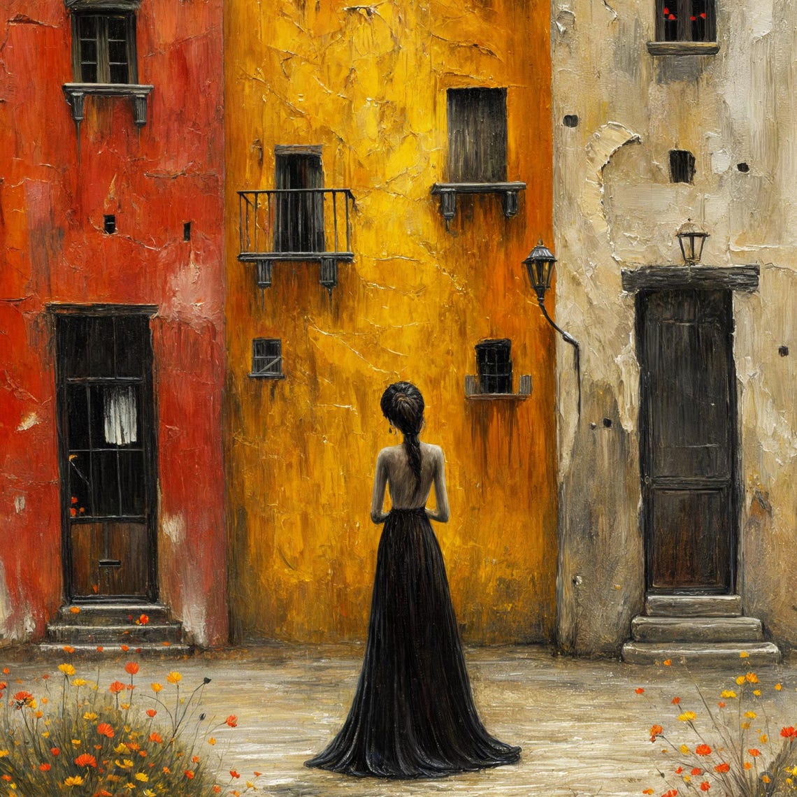 Colorful Urban Street Scene Wall Art Woman In Black Dress Painting Vibrant Cityscape Unique Home Decor Gift - Image 4