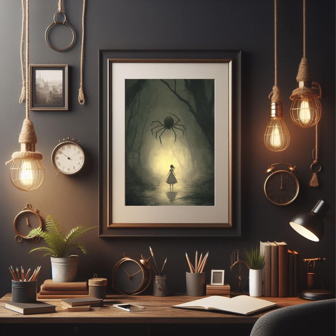 Girl Facing Giant Spider In Misty Swamp Eerie Fantasy Fairytale Art Poster - Image 4