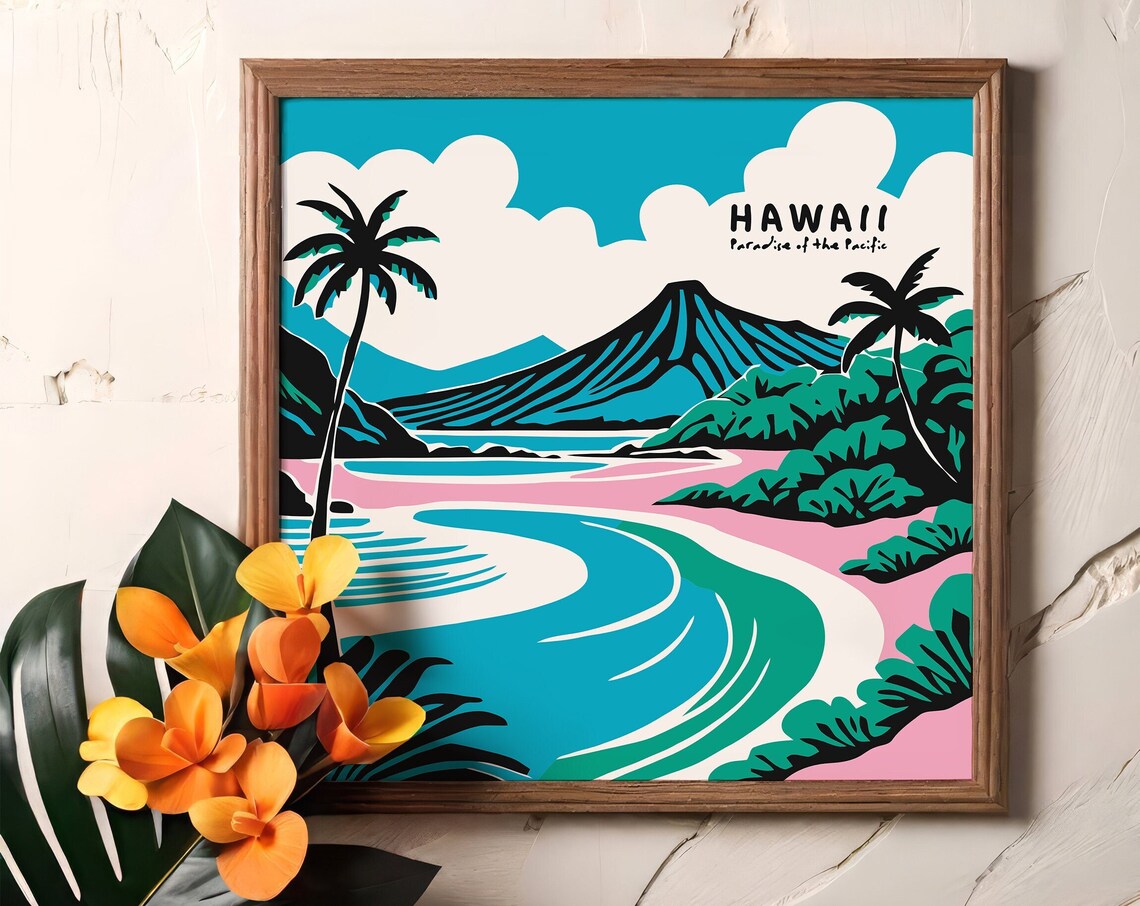 Hawaii Paradise Of The Pacific Pink Beach Lagoon Travel Poster