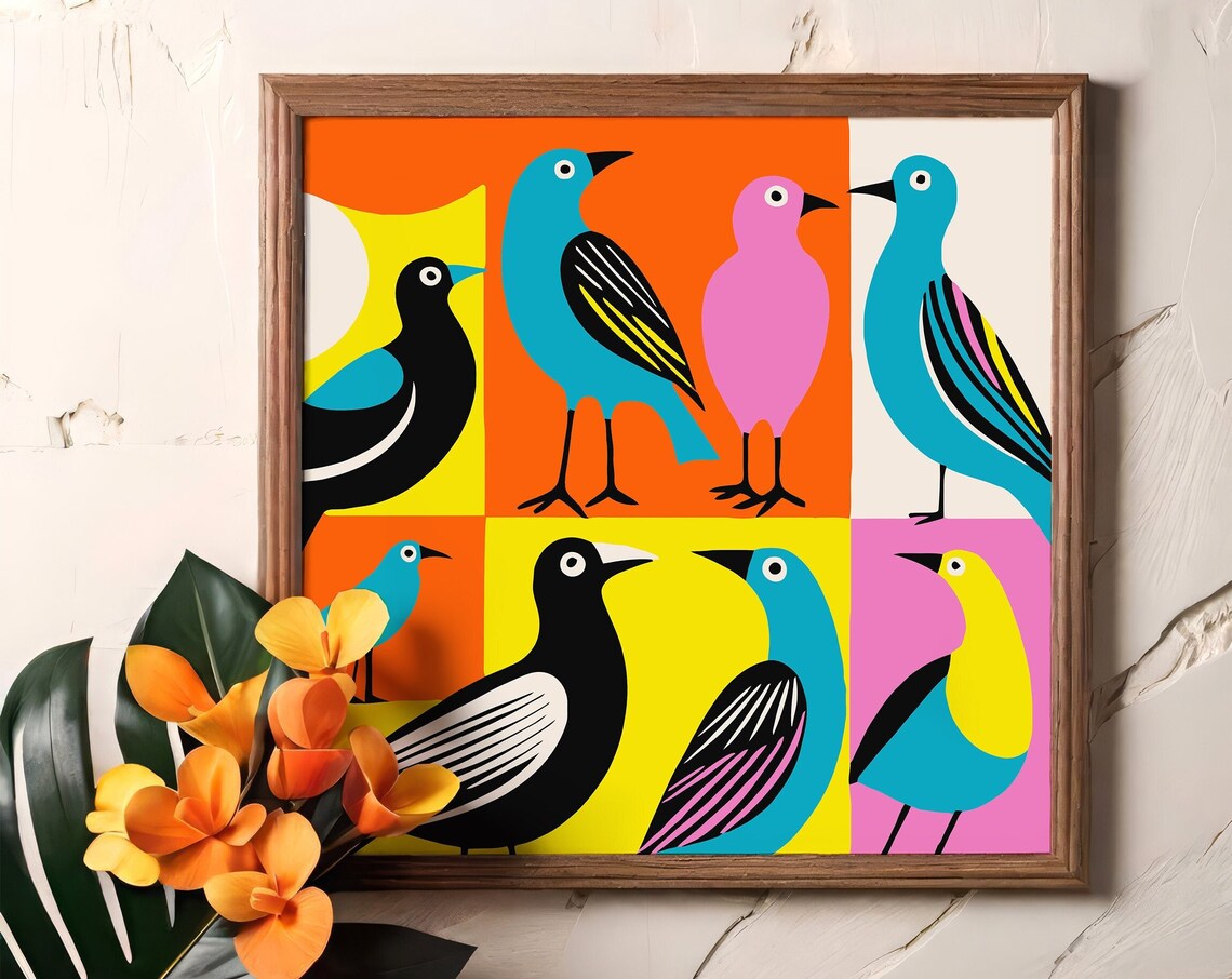 Pop Art Colorful Birds Grid Mid Century Modern Square Poster