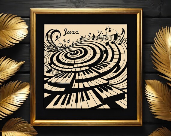 Retro Jazz Piano Keys Swirling Musical Notes Square Wall Art