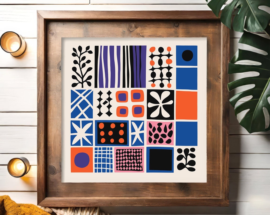 Geometric Patchwork Square Retro Mid Century Colorful Art Print