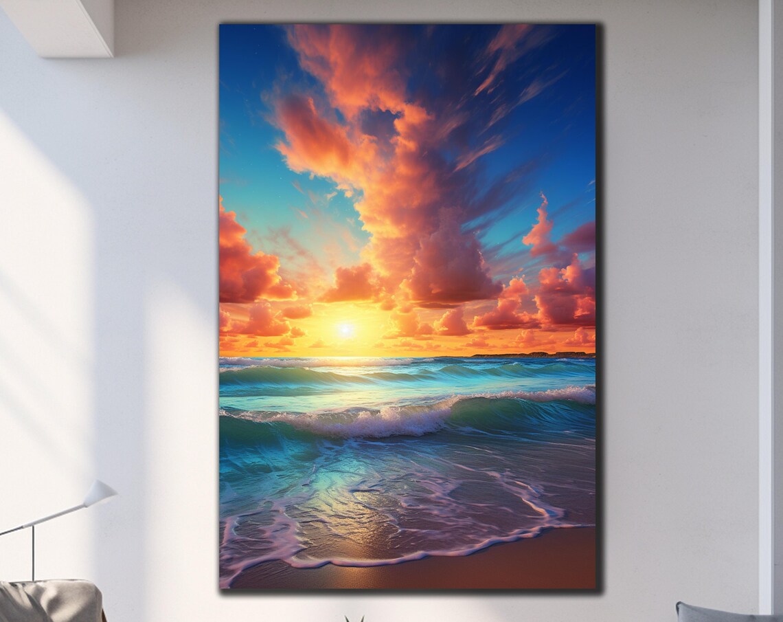 Tropical Ocean Sunset Turquoise Waves Pink Clouds Beach Travel Poster
