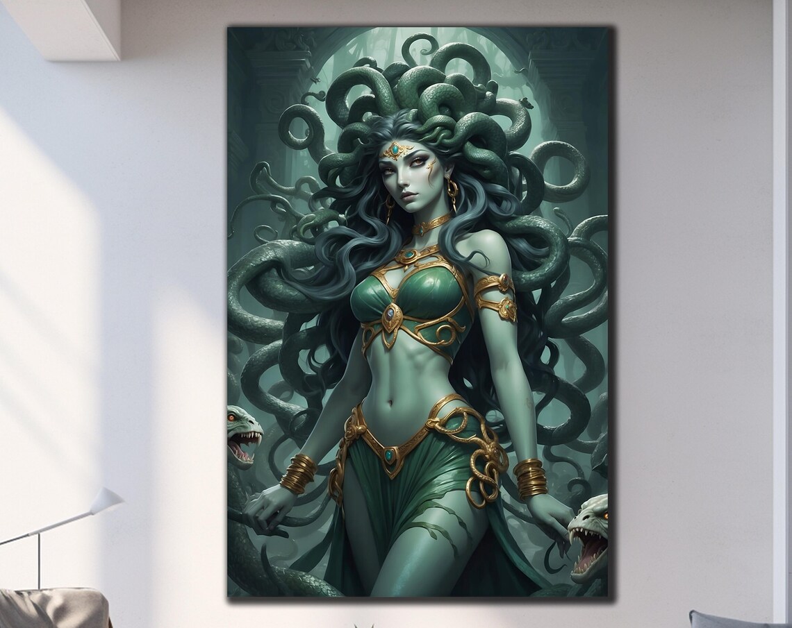 Medusa Snake Hair Greek Mythology Fantasy Art Green Gold Wall Poster