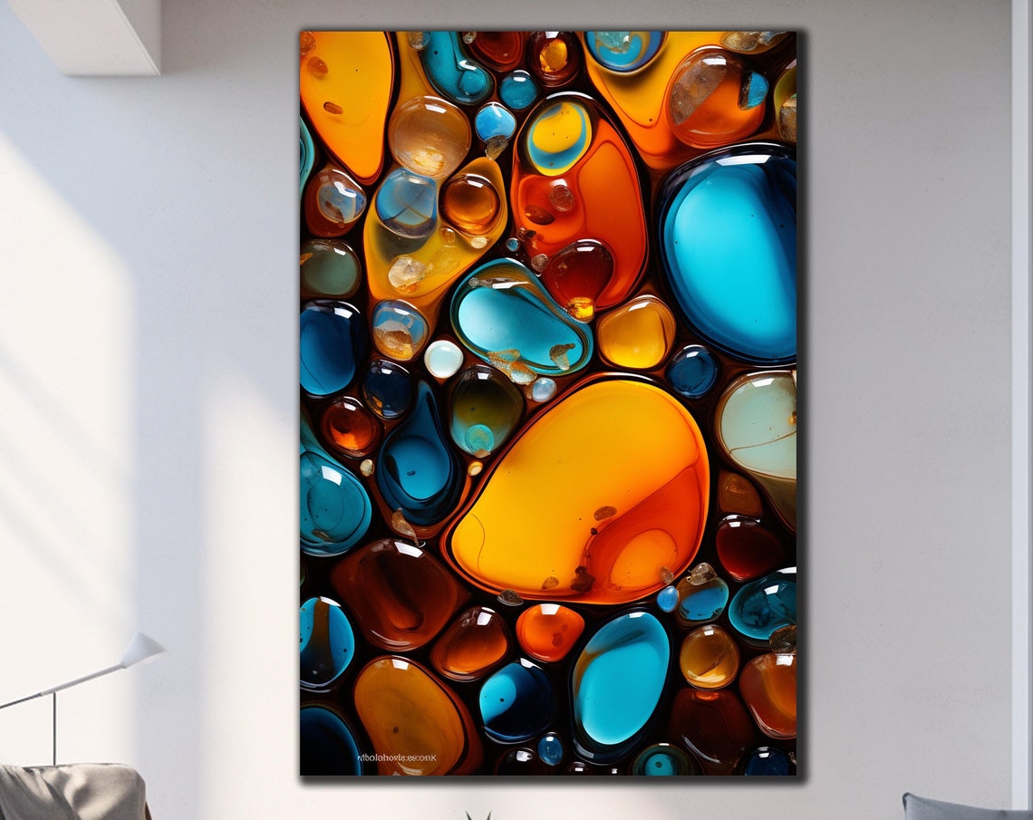 Amber Teal Liquid Droplet Abstract Dark Modern Art Wall Poster