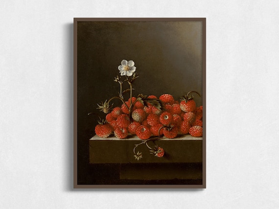 Strawberries Still Life Vintage Artwork Moody Antique Art Print Wall Art Antique Fruit Oil Painting Kitchen Art