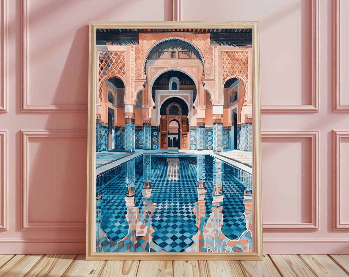 Marrakech Moroccan Riad Courtyard Blue Tile Pool Arches Poster