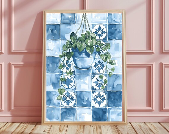 Morocco Tile Plant Wall Art Boho Botanical Print Moroccan Blue Tile Wall Art Trendy Wall Art Home Decor Living Room