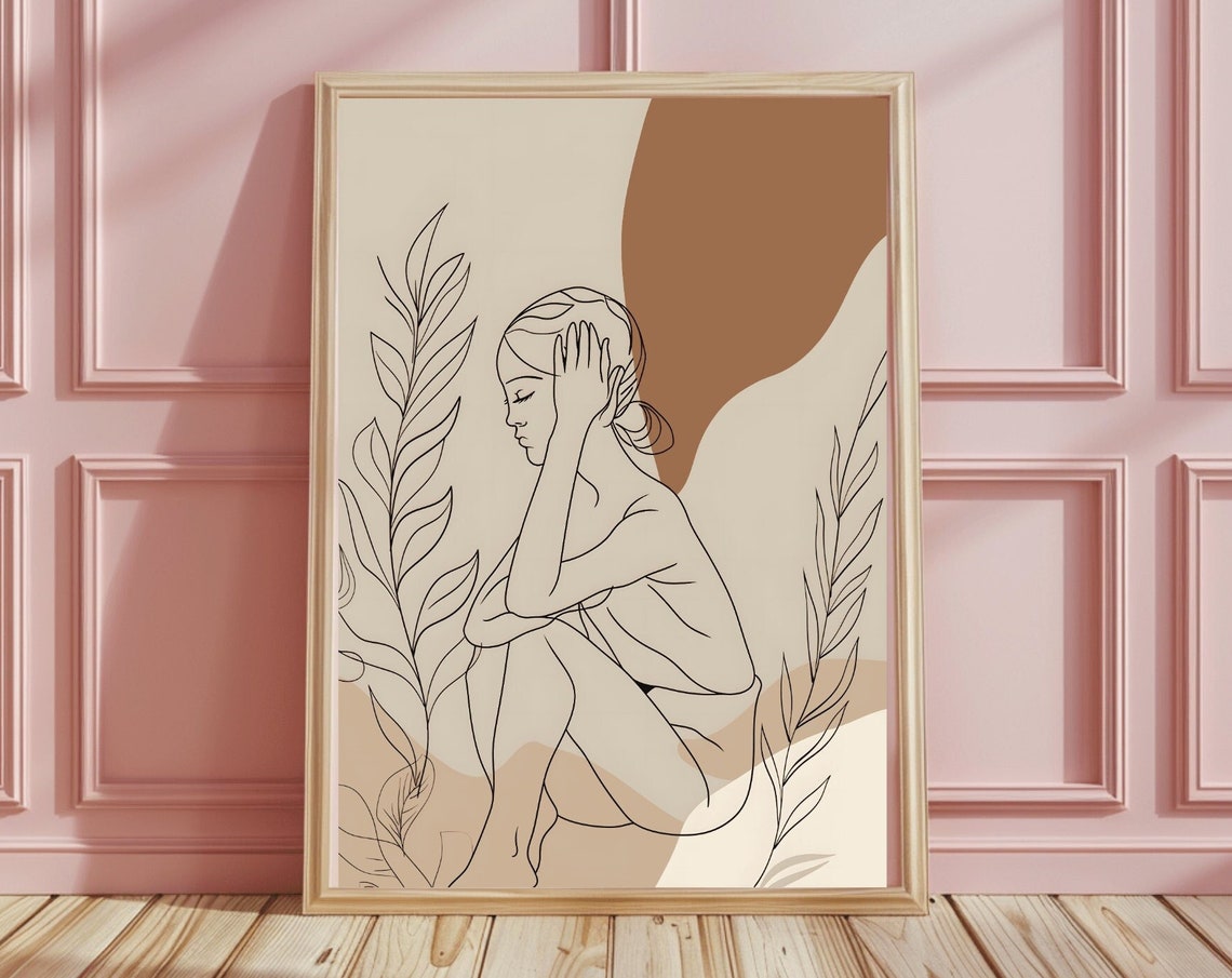Beige Line Art Seated Woman Botanical Minimalist Figure Poster