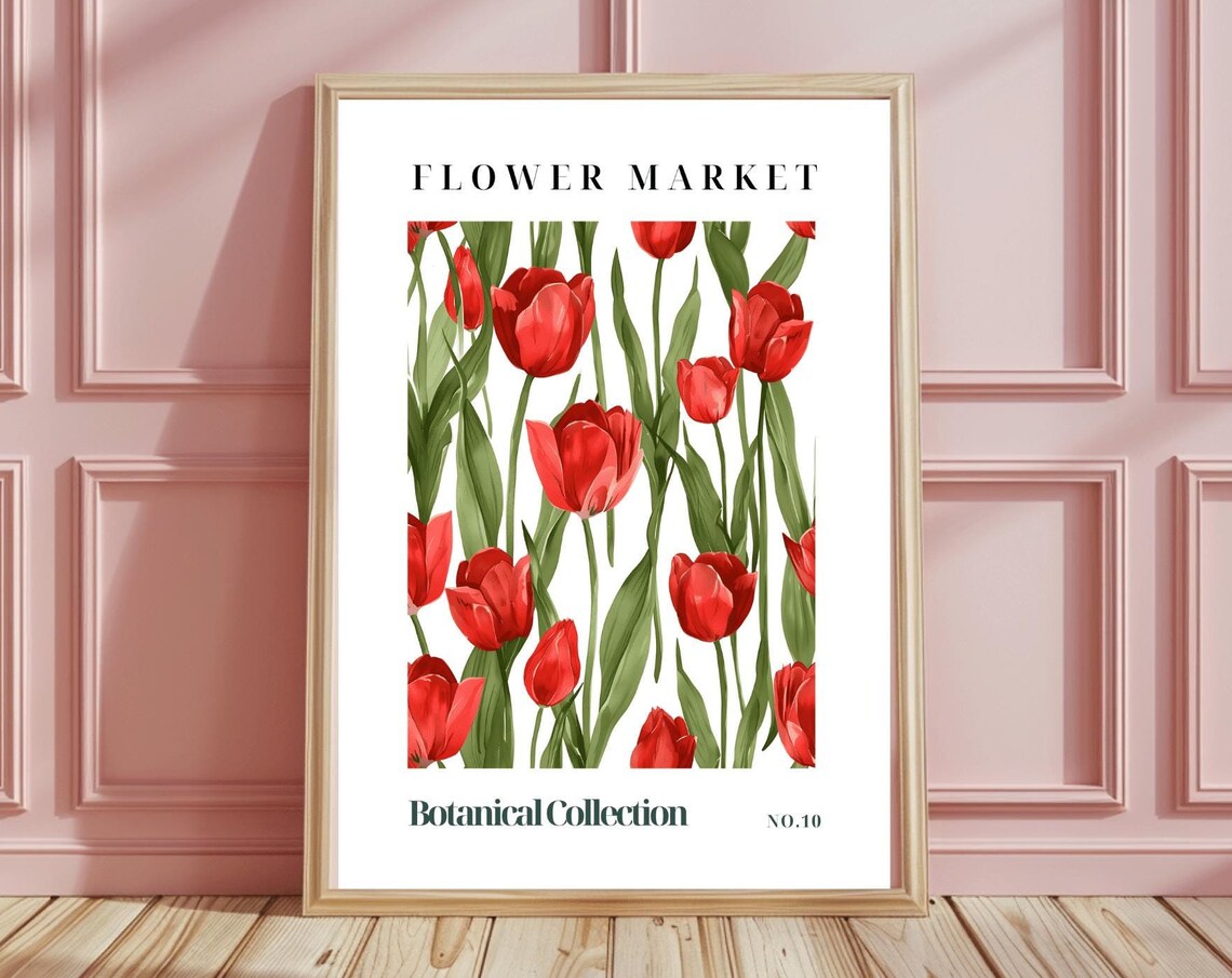 Red Tulip Flower Market Watercolor Botanical No 10 Art Poster