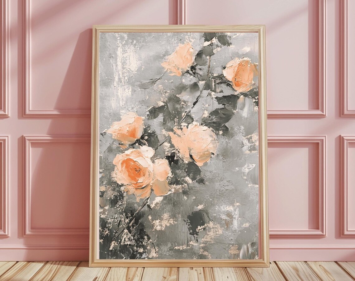 Peach Roses Impasto Oil Painting on Gray Modern Floral Poster