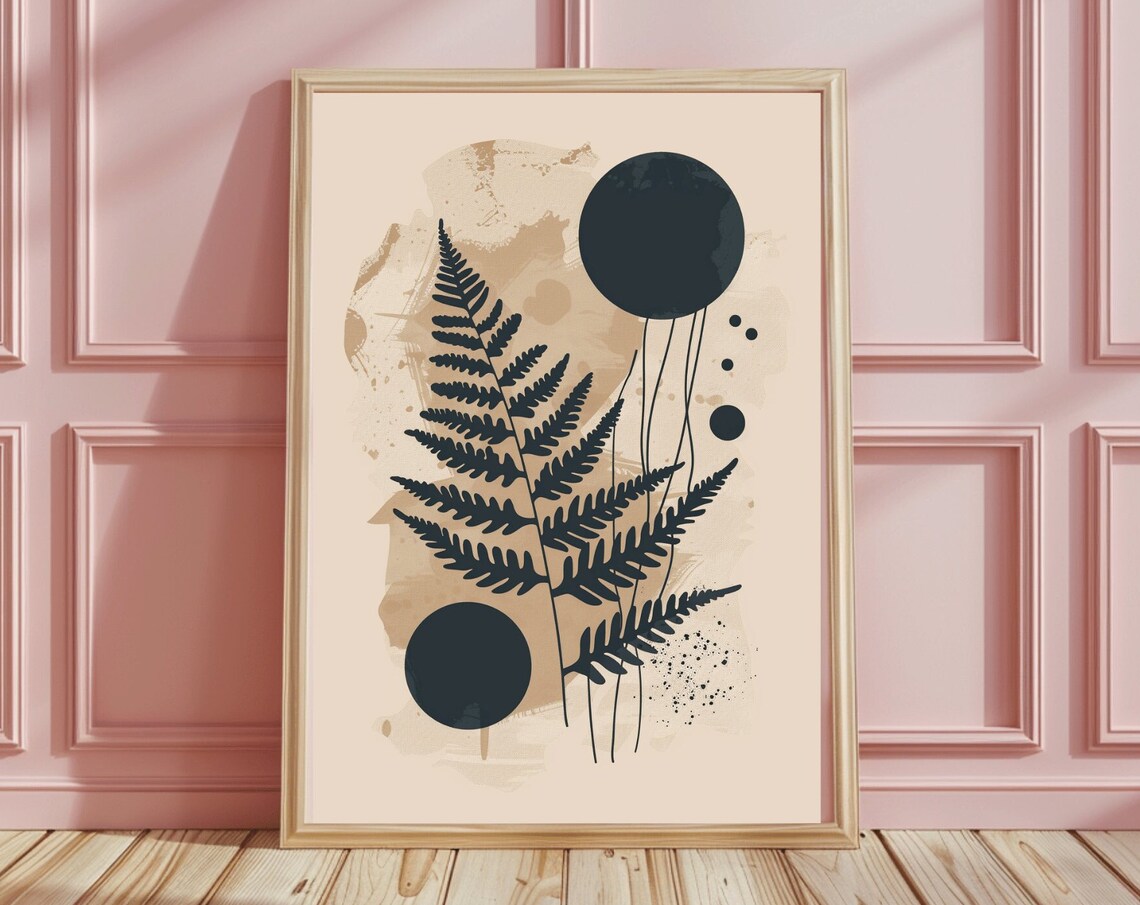 Beige Boho Fern Leaves with Dark Circles Botanical Art Poster