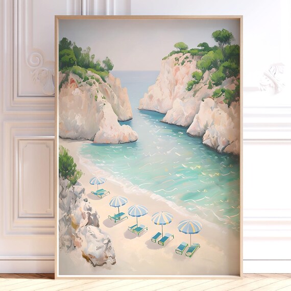 Pastel Mediterranean Cove Beach Umbrellas Cliffs Coastal Wall Art