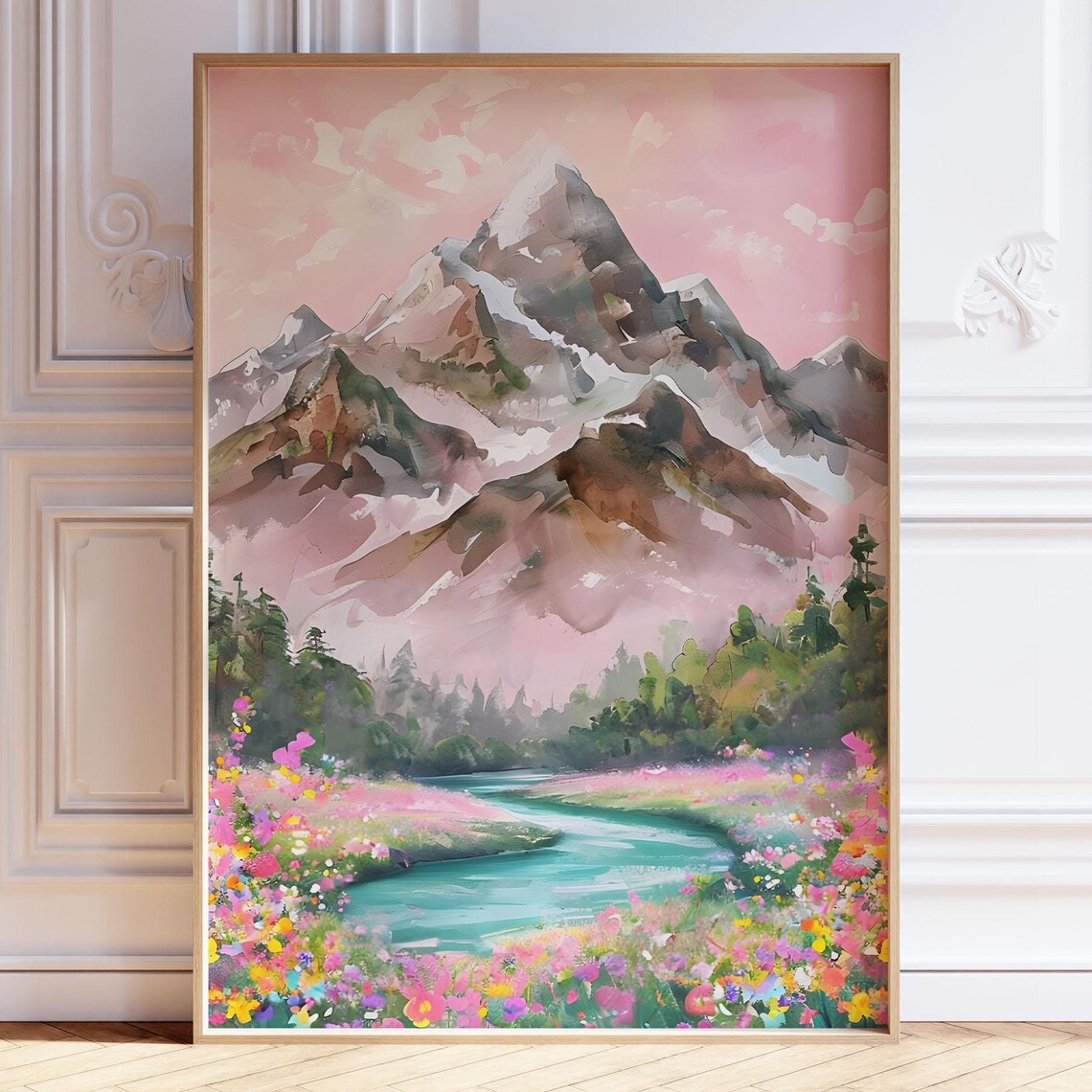 Pink Mountain River Wildflower Field Watercolor Landscape Art Poster