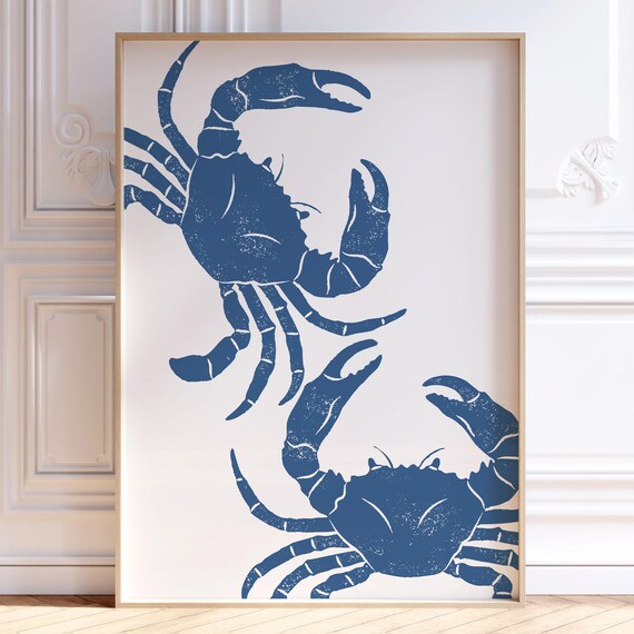 Navy Blue Crab Silhouette Coastal Pair Vintage Beach Art Poster
