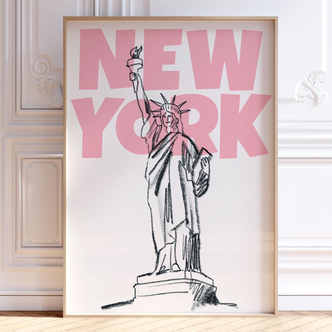 New York City Statue of Liberty Pink Retro Typography Travel Poster