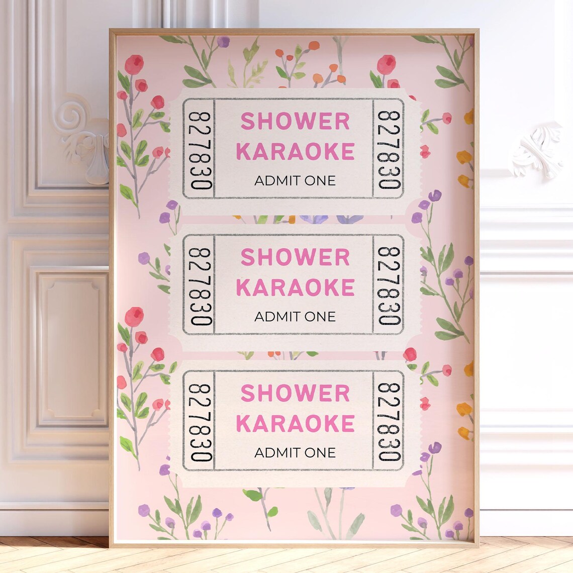 Shower Karaoke Admit One Tickets Pink Floral Funny Bathroom Poster