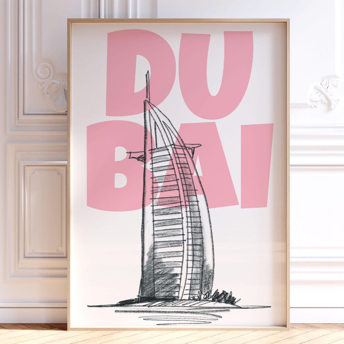 Dubai Retro Typography Pink Sketch Burj Al Arab Skyscraper Poster