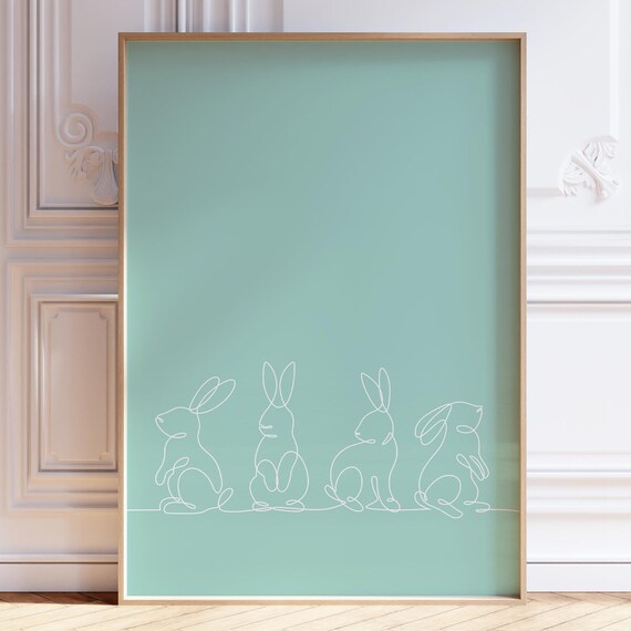 Teal Sweet Bunny Line Art Minimalist Easter Rabbit Wall Poster