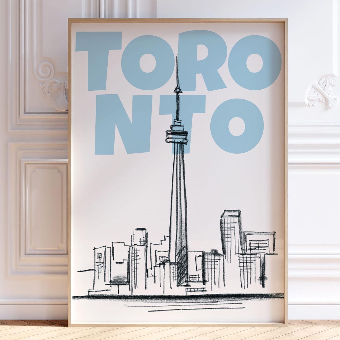 Toronto Canada CN Tower Skyline Sketch Light Blue Travel Poster