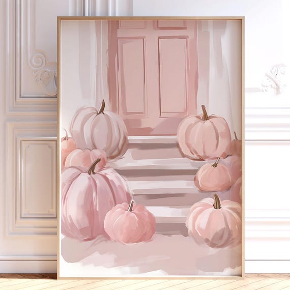 Pink Pumpkins Wall Art Print Pastel Fall Painting Trendy Girly Halloween Poster Colorful Autumn Thanksgiving Decor