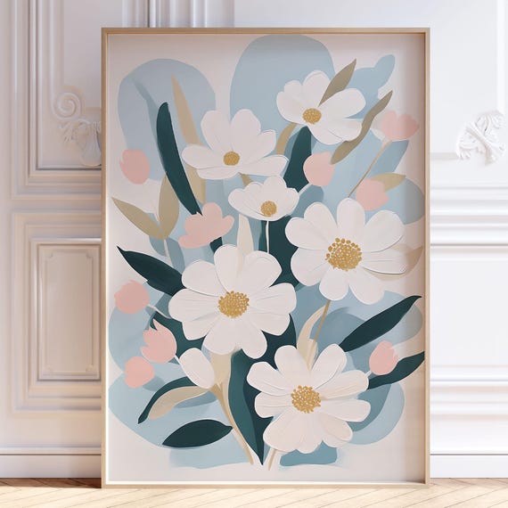 Floral Wall Art Print White Daisies Pink Tulips Poster Minimalist Flower Girls Bedroom Nursery Decor Dorm Room