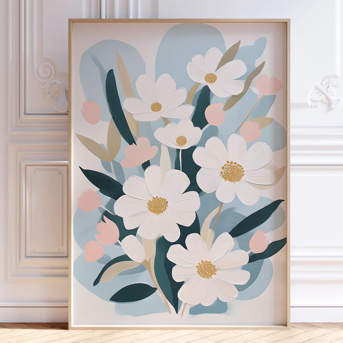 White Blossoms Pink Buds Abstract Blue Background Floral Wall Poster