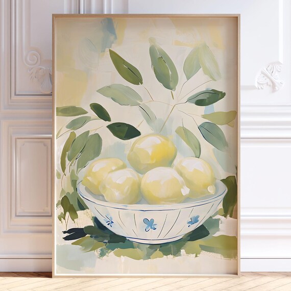 Lemons In A Bowl Vintage Pastel Watercolor Citrus Kitchen Art Print