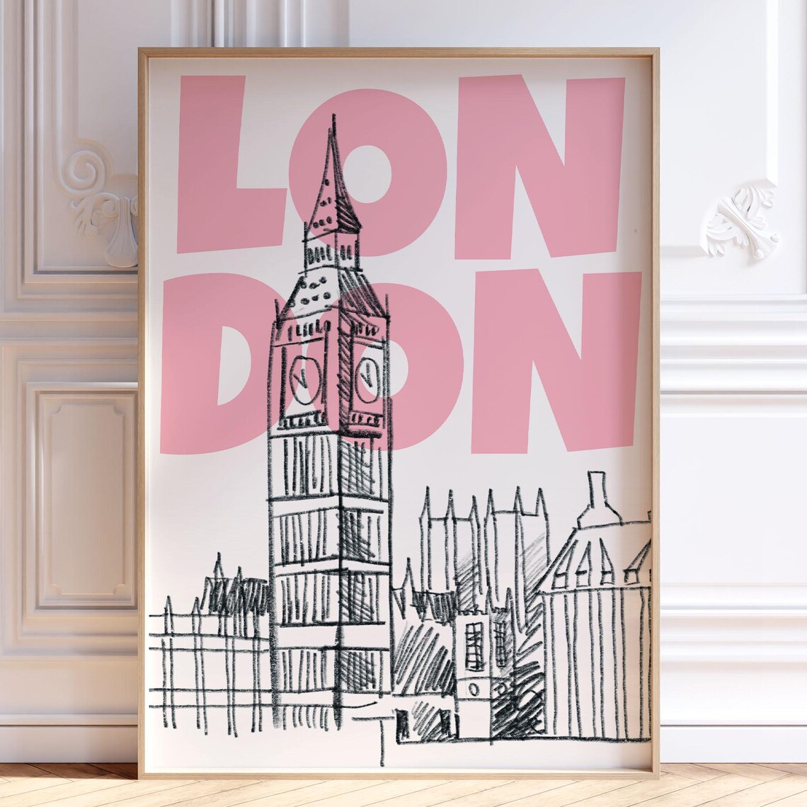 London Big Ben Pink Typography Retro England Souvenir Travel Poster