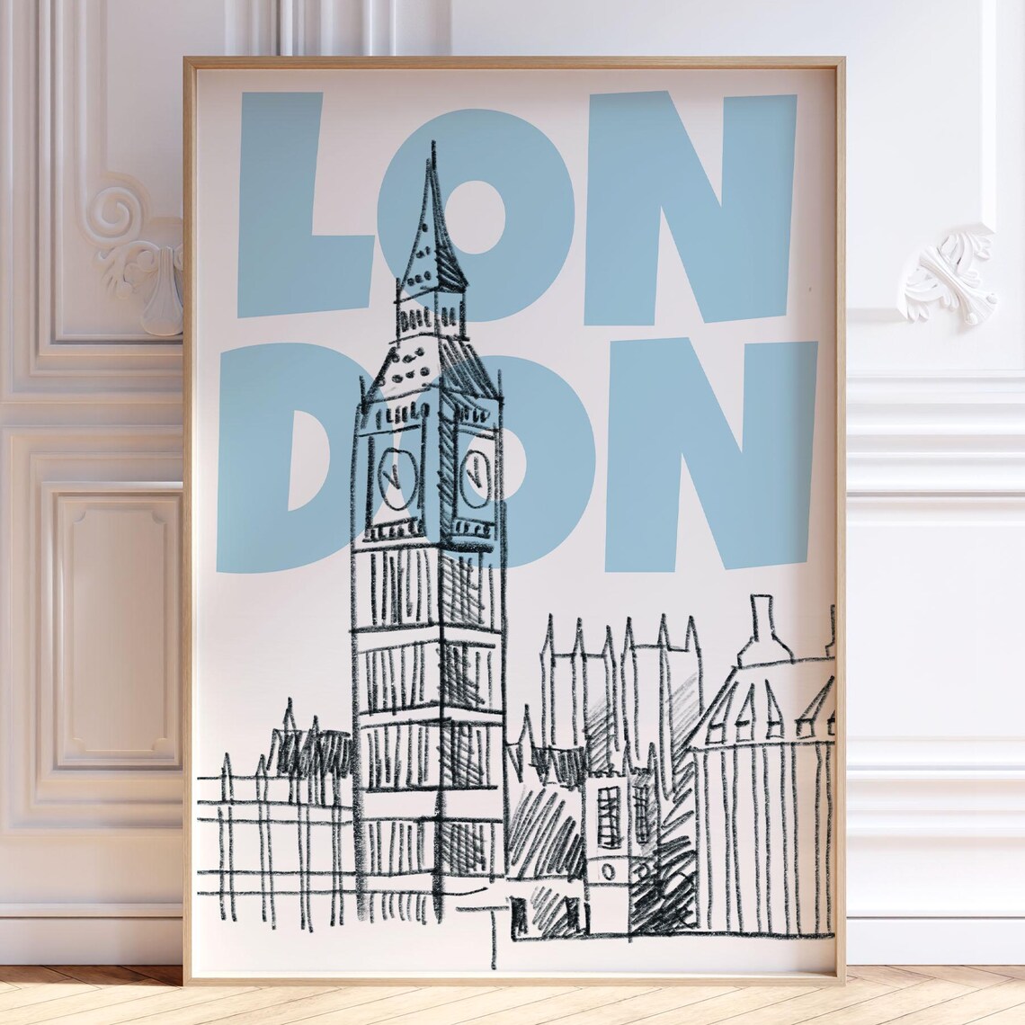 London England Big Ben Hand Drawn Sketch Light Blue Typography Poster
