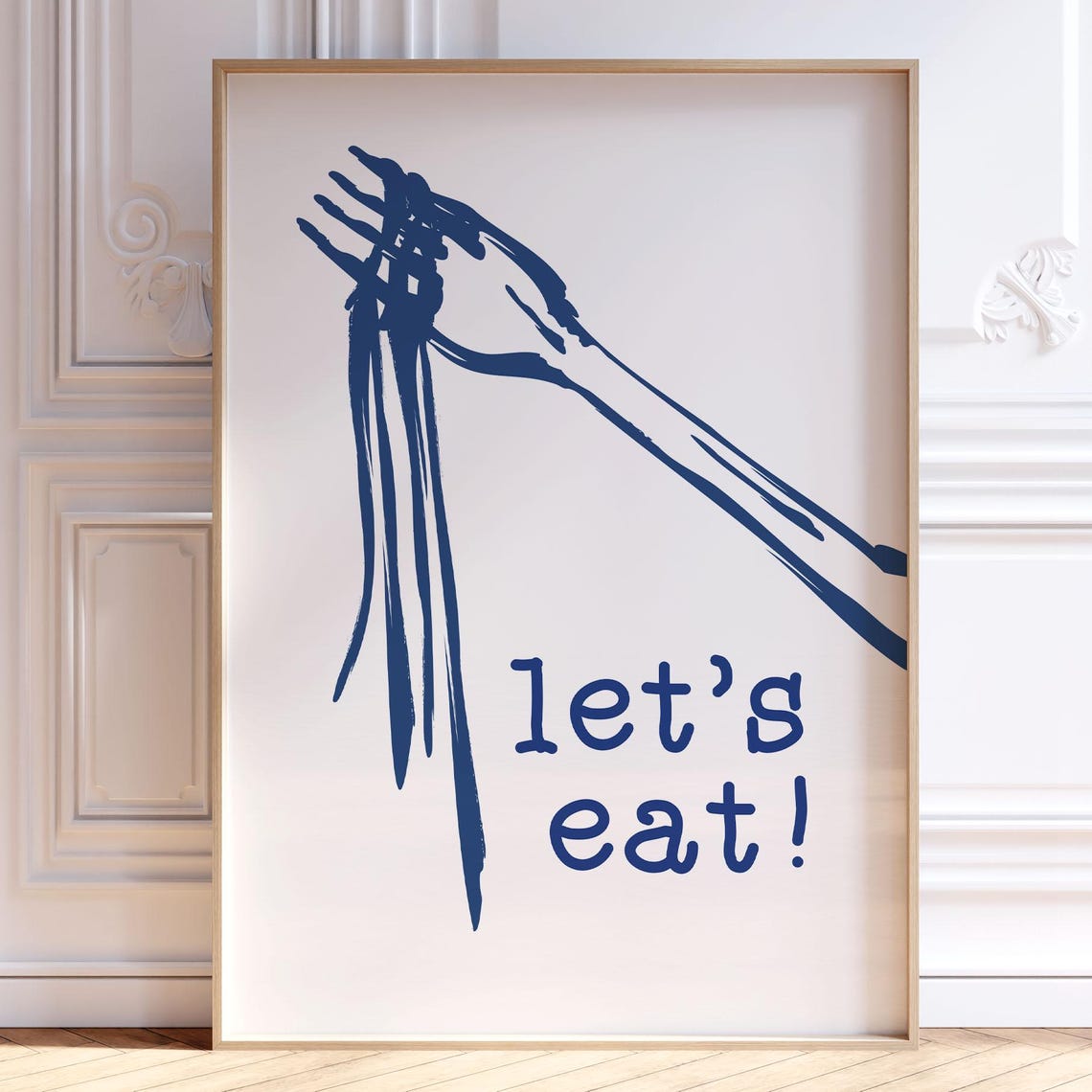 Lets Eat Navy Blue Fork Line Art Minimalist Kitchen Wall Poster