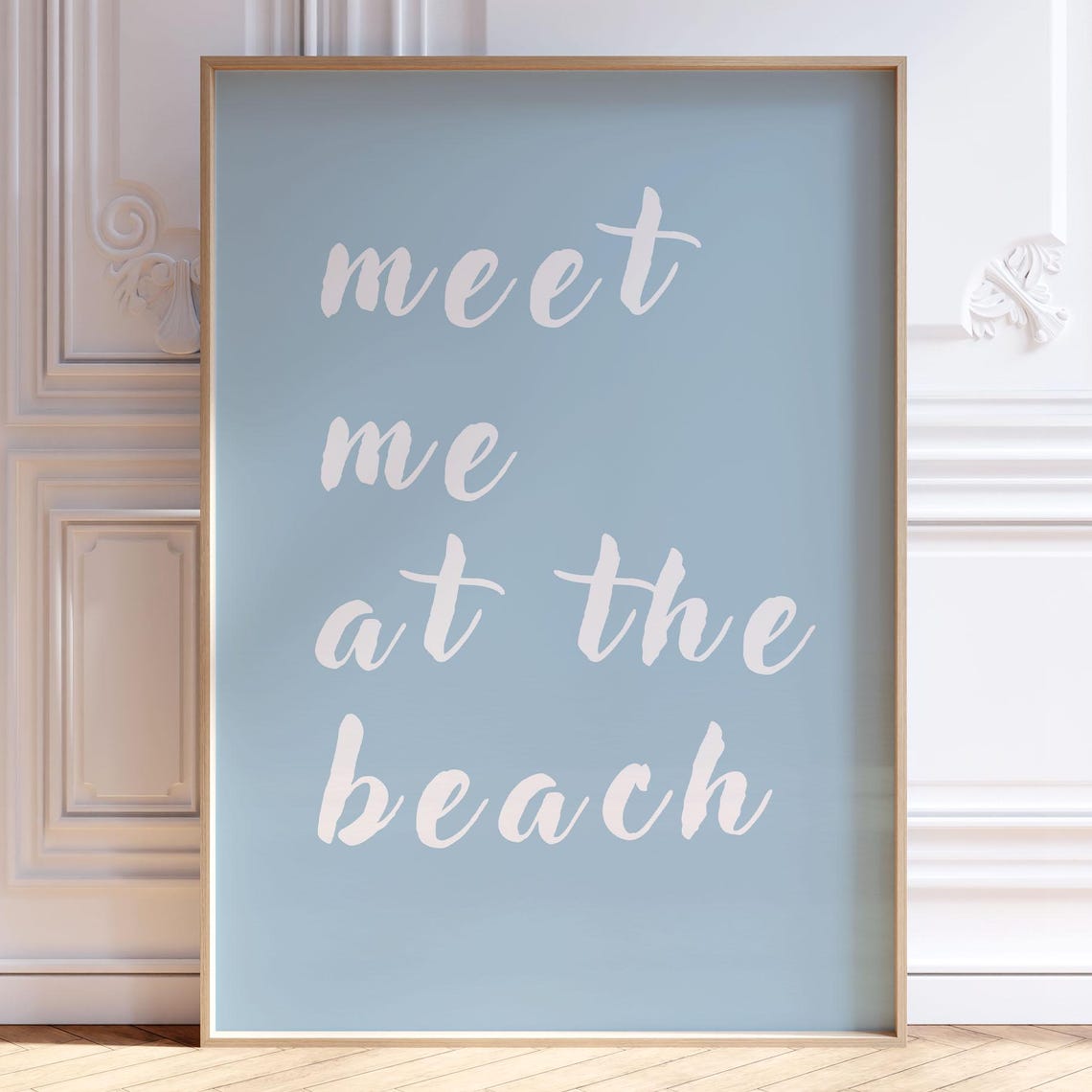 Meet Me At The Beach Blue Script Coastal Typography Wall Art