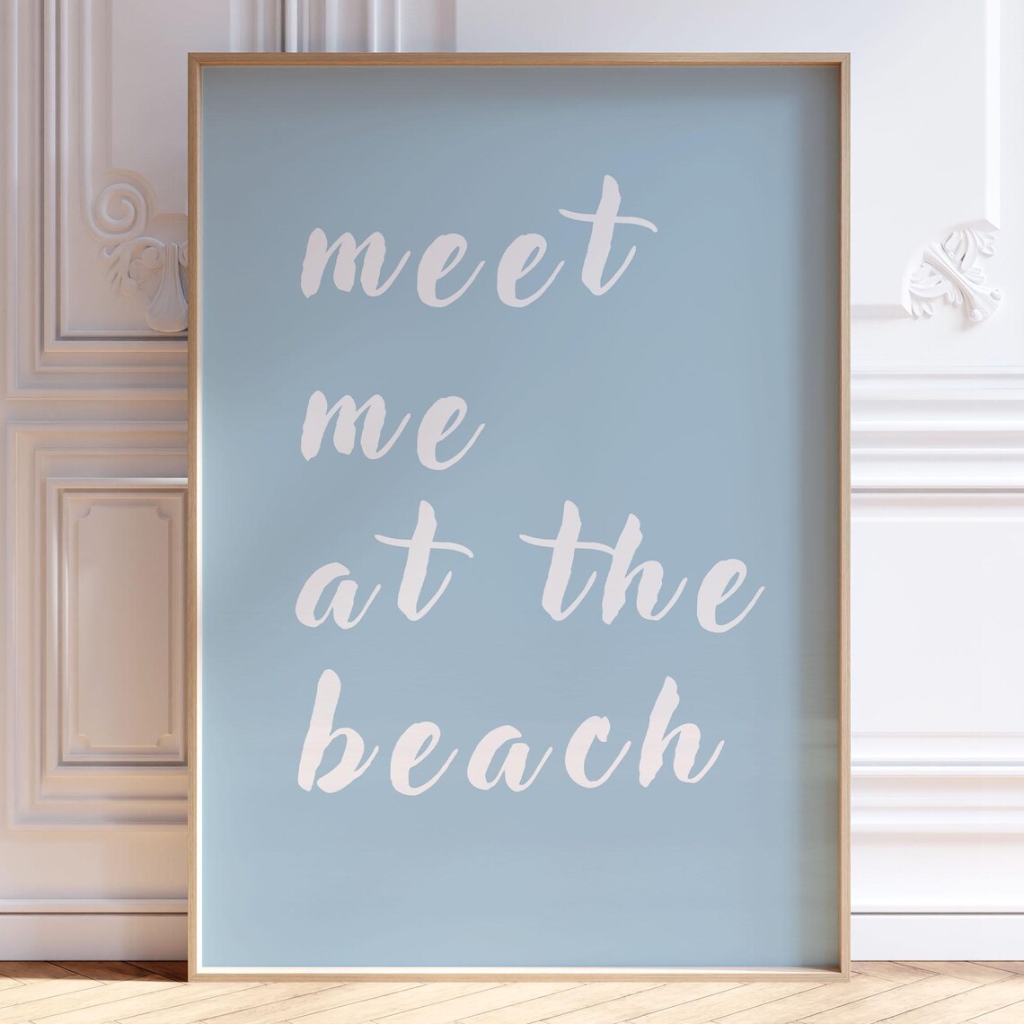 Meet Me at the Beach Dreamy White Script Coastal Blue Summer Quote Poster
