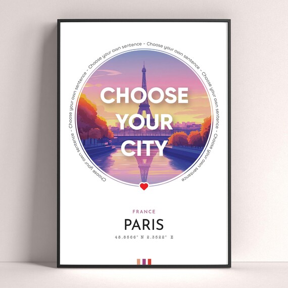 Paris Eiffel Tower Sunset Choose Your City France Travel Poster