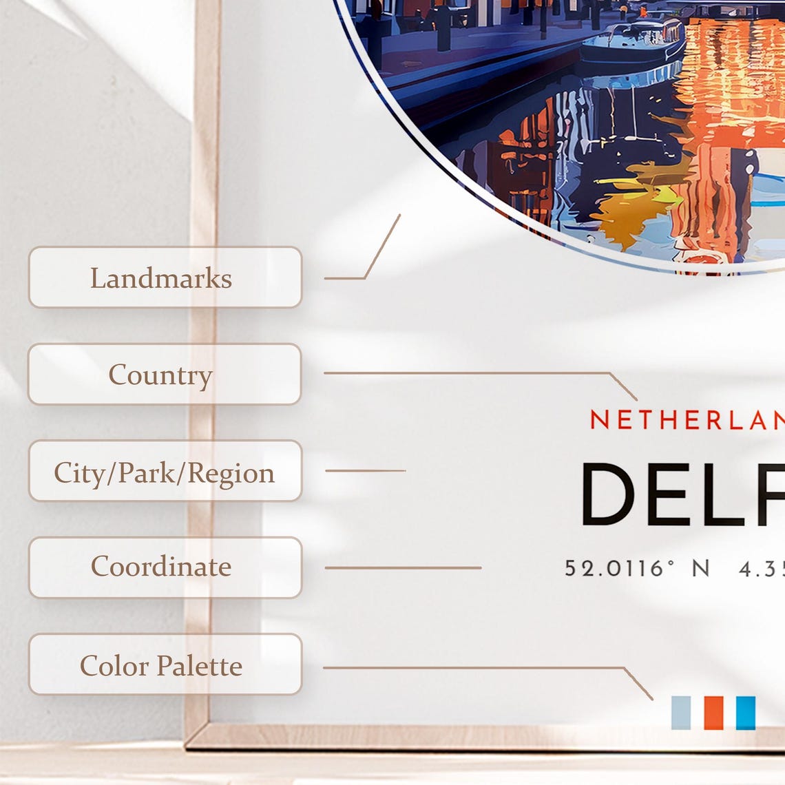 Delft Netherlands Canal Church Autumn Reflection Vintage Poster - Image 2