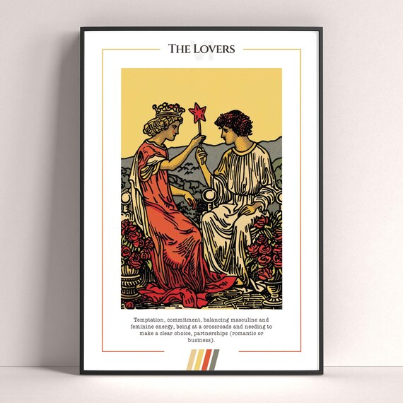 The Lovers Tarot Card Couple and Star Vintage Illustration Poster