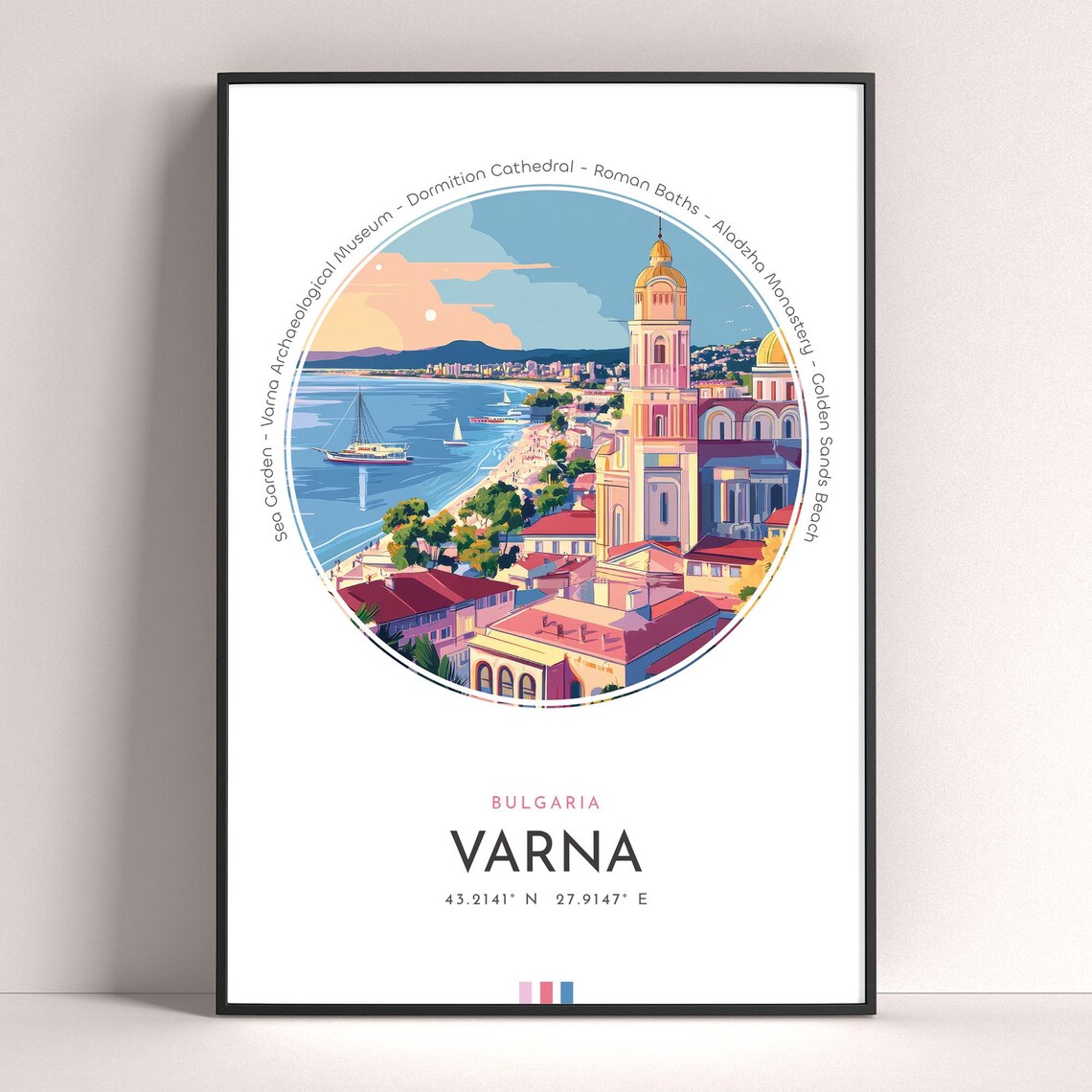 Varna Bulgaria Seaside Cathedral Beach Sailboats Travel Poster
