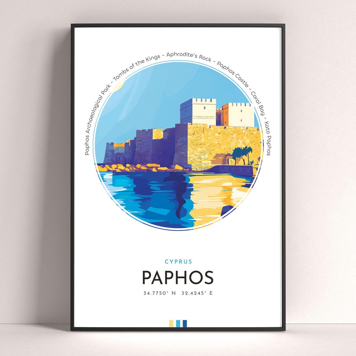 Paphos Cyprus Seaside Castle Harbour Sunset Travel Art Poster