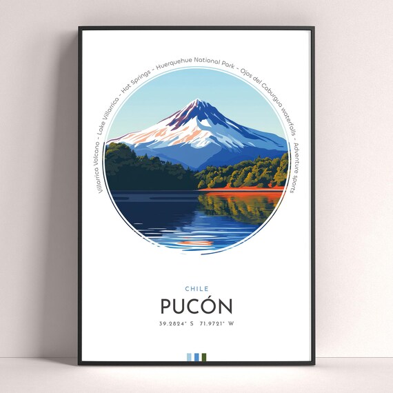 Pucon Chile Villarrica Volcano Lake Mirror Reflection Travel Poster
