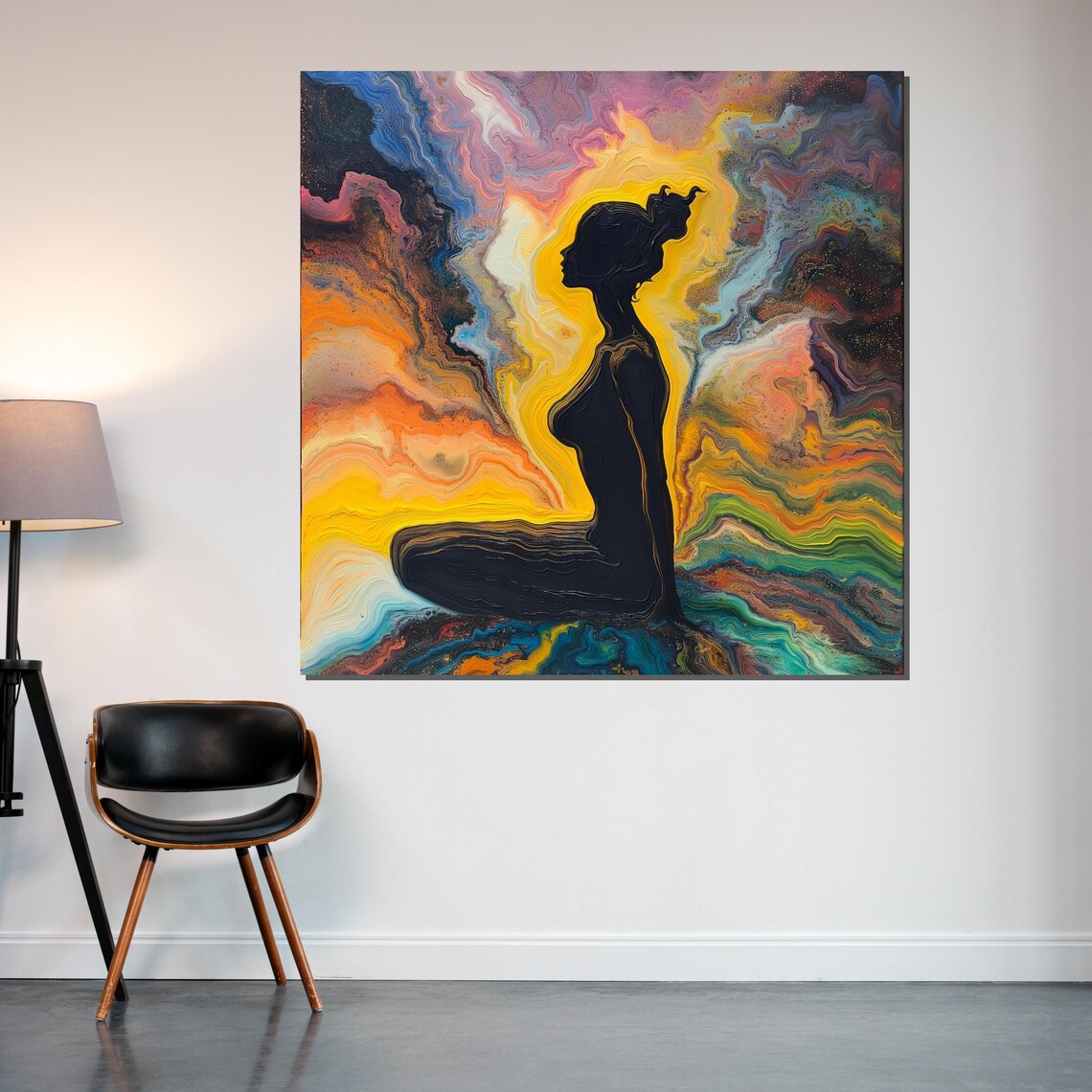 Meditating Woman Silhouette Cosmic Marble Swirl Colorful Wall Art - Image 2