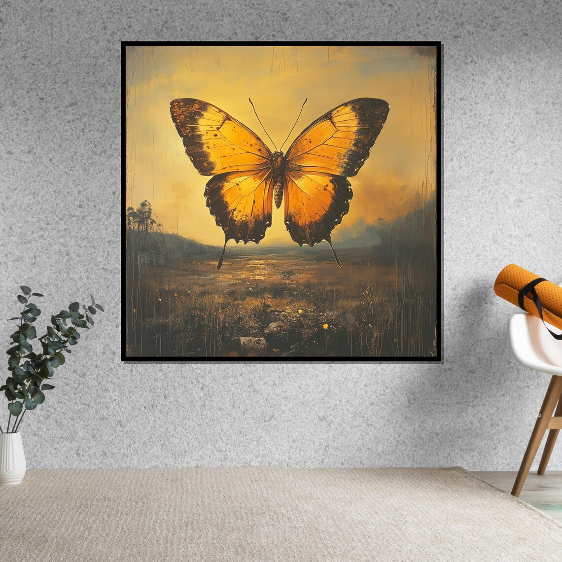 Golden Orange Butterfly Over A Sunset Landscape Nature Art Poster - Image 5