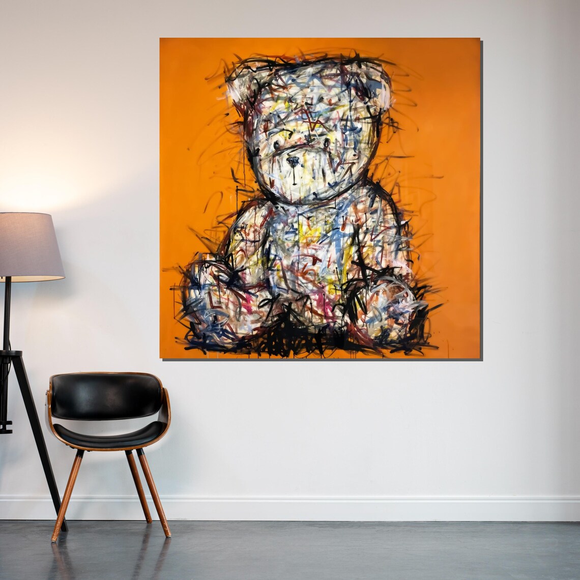 Scribble Teddy Bear Orange Background Playful Abstract Art Poster - Image 2