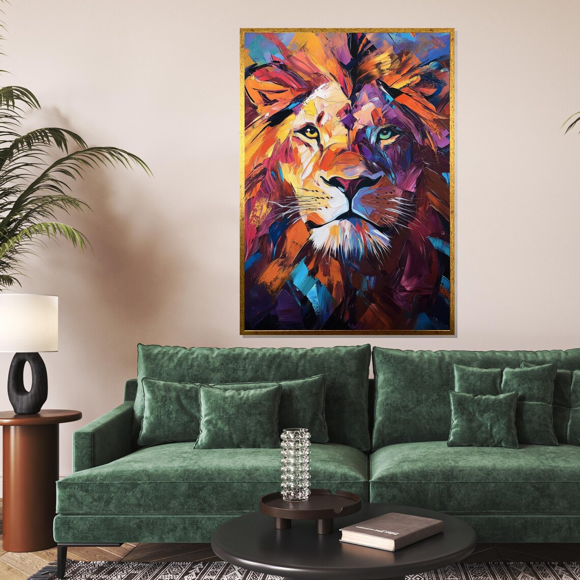 Colorful Abstract Lion Face Rainbow Brushstroke Wildlife Art Poster